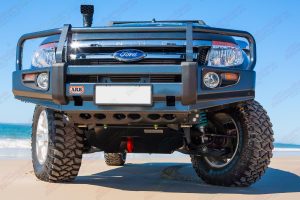 Front underside view of the PX Ford Ranger fitted with a heavy duty superior engine guard, rated recovery point and 2 inch lift kit