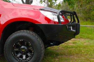 Close up view of the Ironman 4x4 Black Deluxe Commercial Bullbar on the front of a RG Colorado