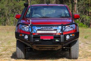 Full front on view of a Isuzu D-Max dual cab ute fitted with an Ironman Bullbar, side steps, towbar, TJM Airflow Snorkel and Superior LED lightbar