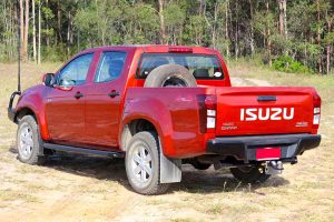 Rear left end view of a Isuzu D-Max dual cab ute fitted with an Ironman Bullbar, side steps, towbar, TJM Airflow Snorkel and a Superior lightbar