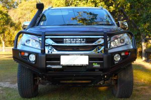 Full front on view of a silver Isuzu MU-X wagon fitted with a Black Ironman Deluxe Commercial Bullbar, fog lights and TJM air snorkel