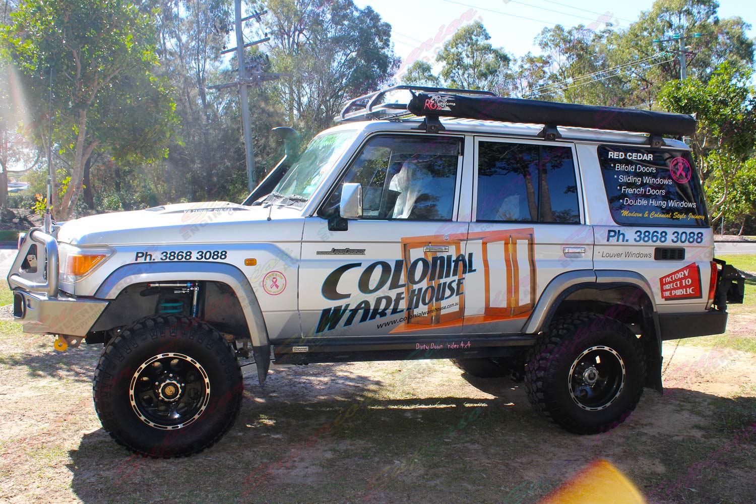 Left side view of a 76 Series Toyota Landcruiser wagon fitted with a complete range of 4WD accessories and suspension parts