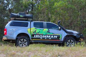 Right side view of a RG Holden Colorado dual cab fitted out with a complete range of Ironman 4x4 accessories and camping gear