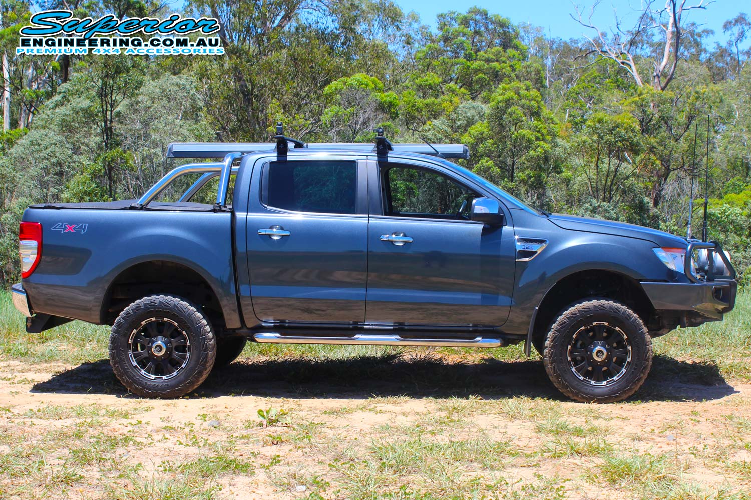 Right side view of a Ford PX Ranger after being fitted with a 2 inch Bilstein and EFS Lift Kit by Superior Engineering