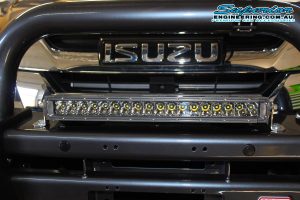 Closeup view of a 28 inch straight Ironman LED Lightbar fitted to a MCC4x4 bullbar on a dual cab Isuzu D-Max at the Superior Engineering 4wd workshop