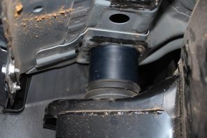 Closeup view of a single Superior Body Lift Block fitted to the Toyota Hilux Revo