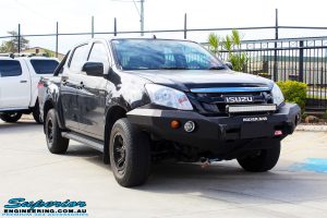Right front side view of a Black Isuzu D-Max Dual Cab before fitment of a Dobinson 40mm Lift Kit