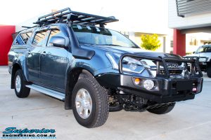 Right front side view of a Blue Isuzu D-Max Dual Cab after fitment of a Safari Snorkel & MCC 4x4 Bull Bar