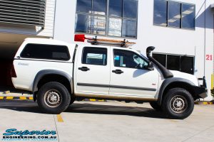 Side view of a White Isuzu D-Max Dual Cab after fitment of a Bilstein 40mm Lift Kit