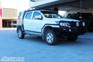 Right front side view of a White Holden RG Colorado Dual Cab after fitment of a Superior Remote Reservoir 2" Inch Lift Kit