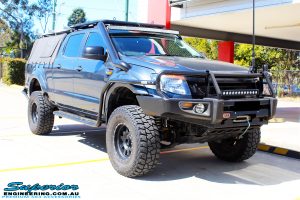 Right front side view of a Blue Ford PX Ranger Dual Cab fitted with Superior 3" Inch Adjustable Monotube Remote Reservoirs & Coil Springs