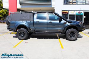 Right side view of a Blue Ford PX Ranger Dual Cab fitted with Superior 3" Inch Adjustable Monotube Remote Reservoirs & Coil Springs