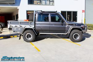 Right side view of a Grey Toyota 79 Series Landcruiser Dual Cab before fitment of a range of Suspension Components and 4x4 Accessories