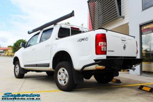 Rear left view of a White Holden RG Colorado Dual Cab after fitment of a Superior Nitro Gas 2" Inch Lift Kit, Rhino 4x4 Evolution Winch Bar, Ironman 4x4 Rear Protection Towbar + VRS Winch