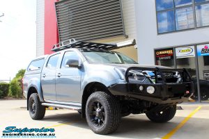 Right front side view of a Grey Isuzu D-Max Dual Cab after fitment of a Superior Nitro Gas 2" Inch Lift Kit, MCC Drawer System, MCC 4x4 Bullbar, Hayman Reece Towbar, MCC 4x4 Side Steps, EGR Premium Canopy, Rhino Roof Rack & a Ironman 4x4 Instant Awning with LED's