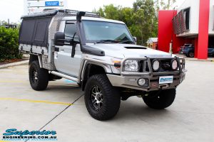 Right front side view of a Toyota 79 Series Landcruiser Single Cab after fitment of a range of Superior and various other brands suspension components