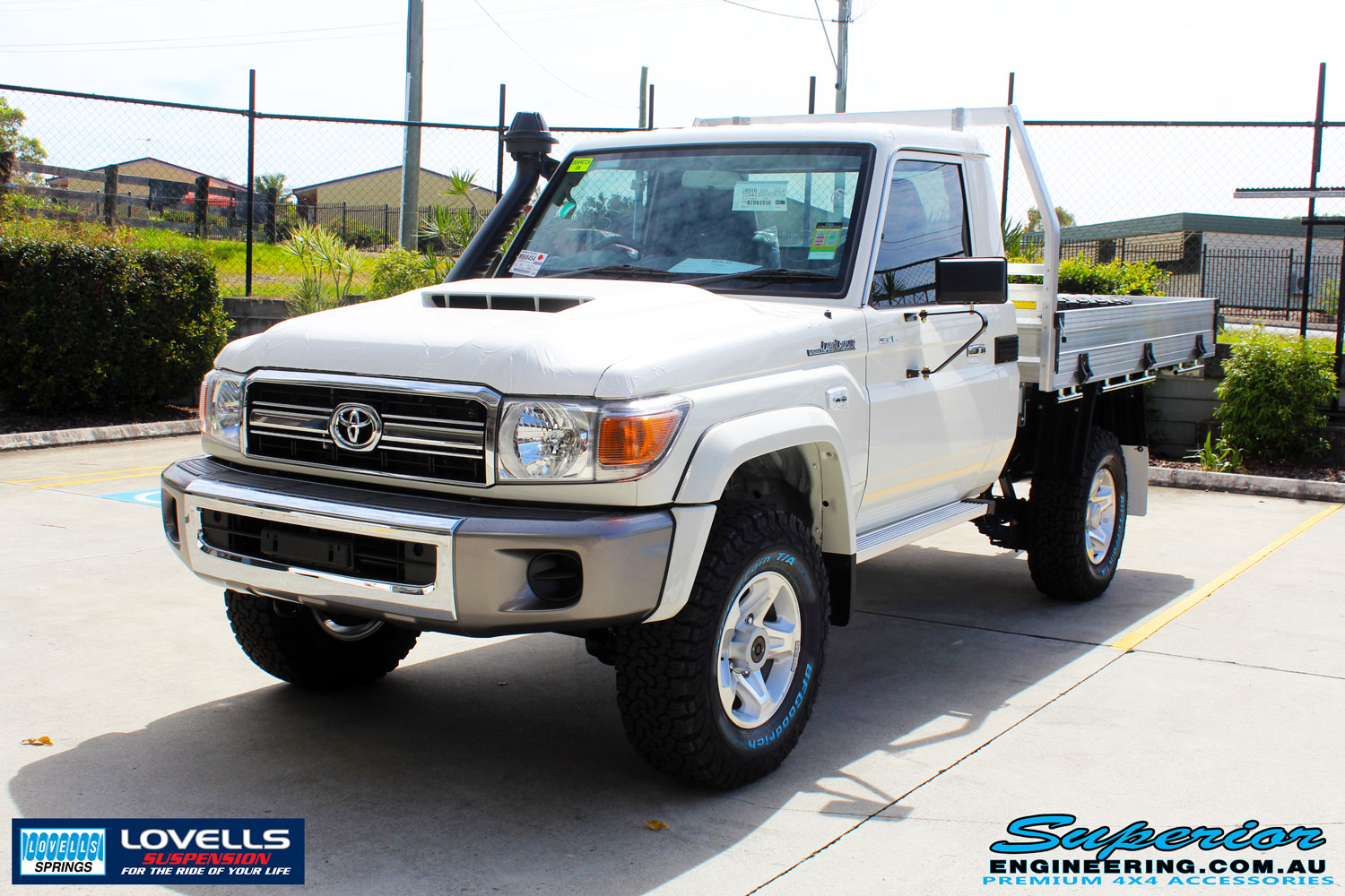 Left front side view of a Toyota Landcruiser 79 Series after fitment of a Lovells GVM Upgrade
