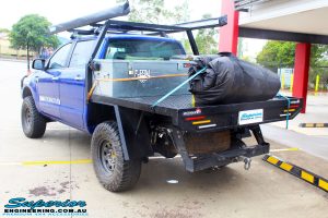 Left rear right view of a Ford PX Ranger in Blue after fitment of a Superior 3" Inch Remote Reservoir Lift Kit with King Springs