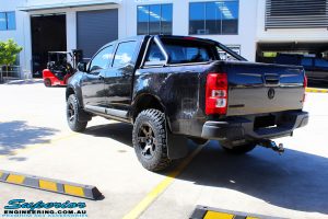 Rear left view of a Black Holden RG Colorado Dual Cab after fitment of a Superior Nitro Gas 2" Inch Lift Kit with King Coil Springs, Fuel Beast Wheels & Toyo Open Country Tyres