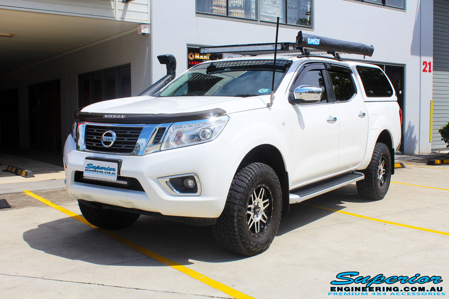 Left front side view of a Nissan NP300 Navara Dual Cab after fitment of a Bilstein 2" Inch Lift Kit with King Coil Springs
